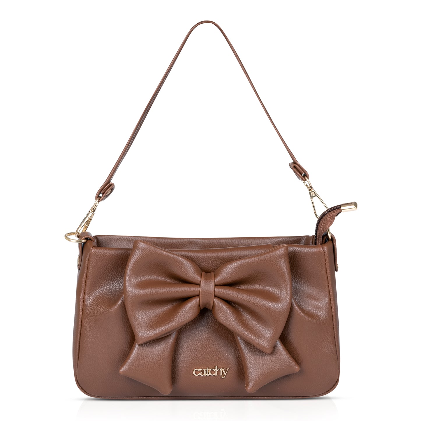 Elegant Brown Bow Handbag in premium PU leather with bow accent on a white background.