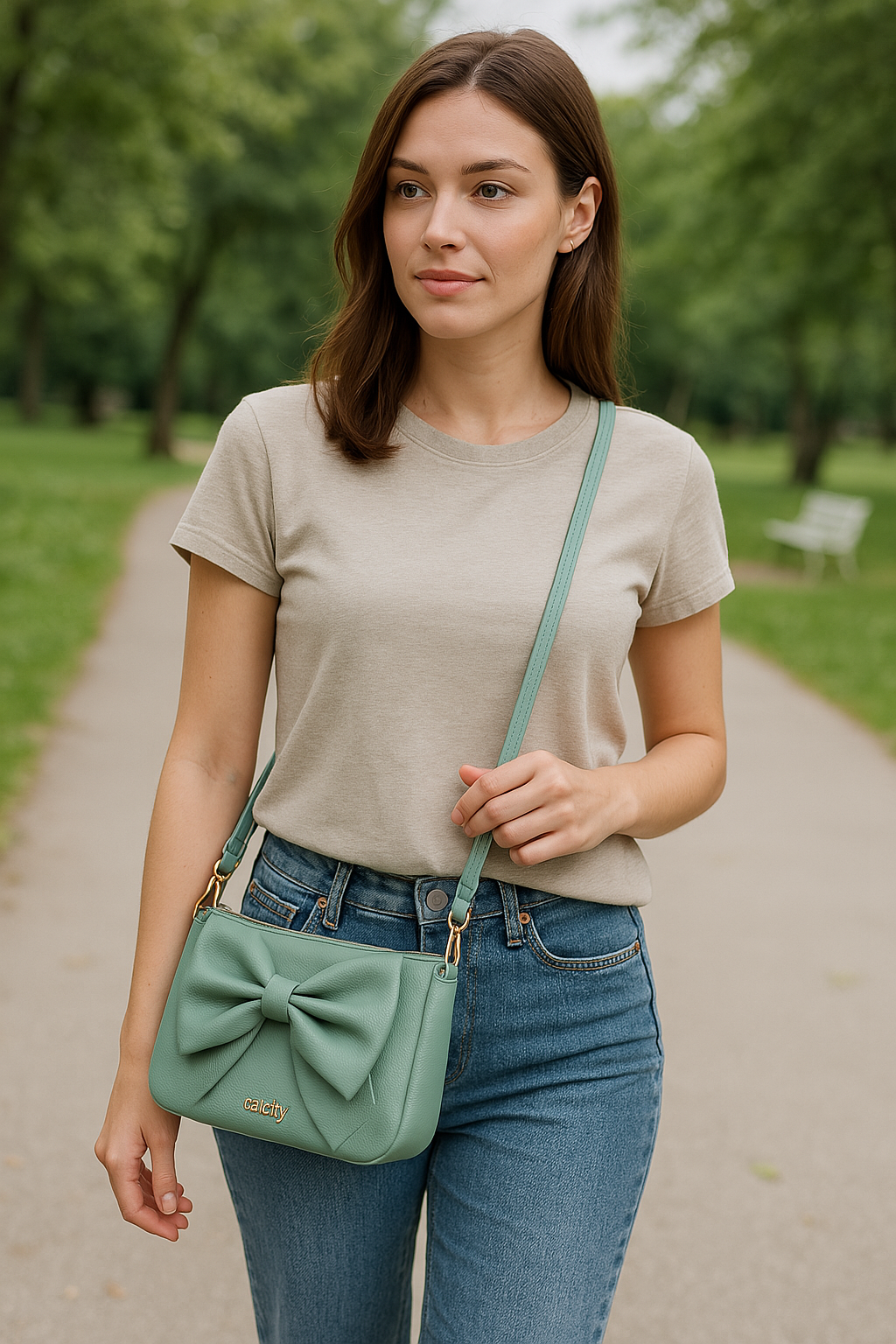Detail of zippered pocket inside Elegant Brown Bow Handbag for functionality.