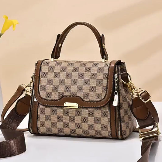 Tan brown structured PU sling bag with a checkered pattern, dual handles, and a detachable shoulder strap, offering a stylish and comfortable design for everyday use.