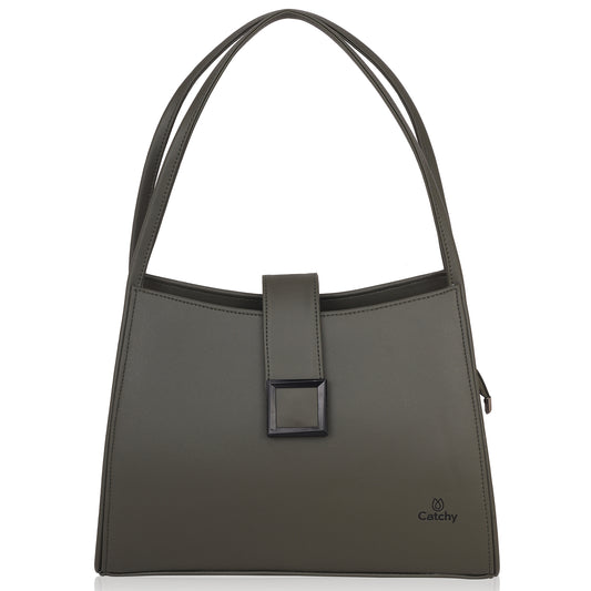 Elegant women's grey designer handbag with top handles, square clasp, three pockets, and two compartments for ultimate style and functionality.