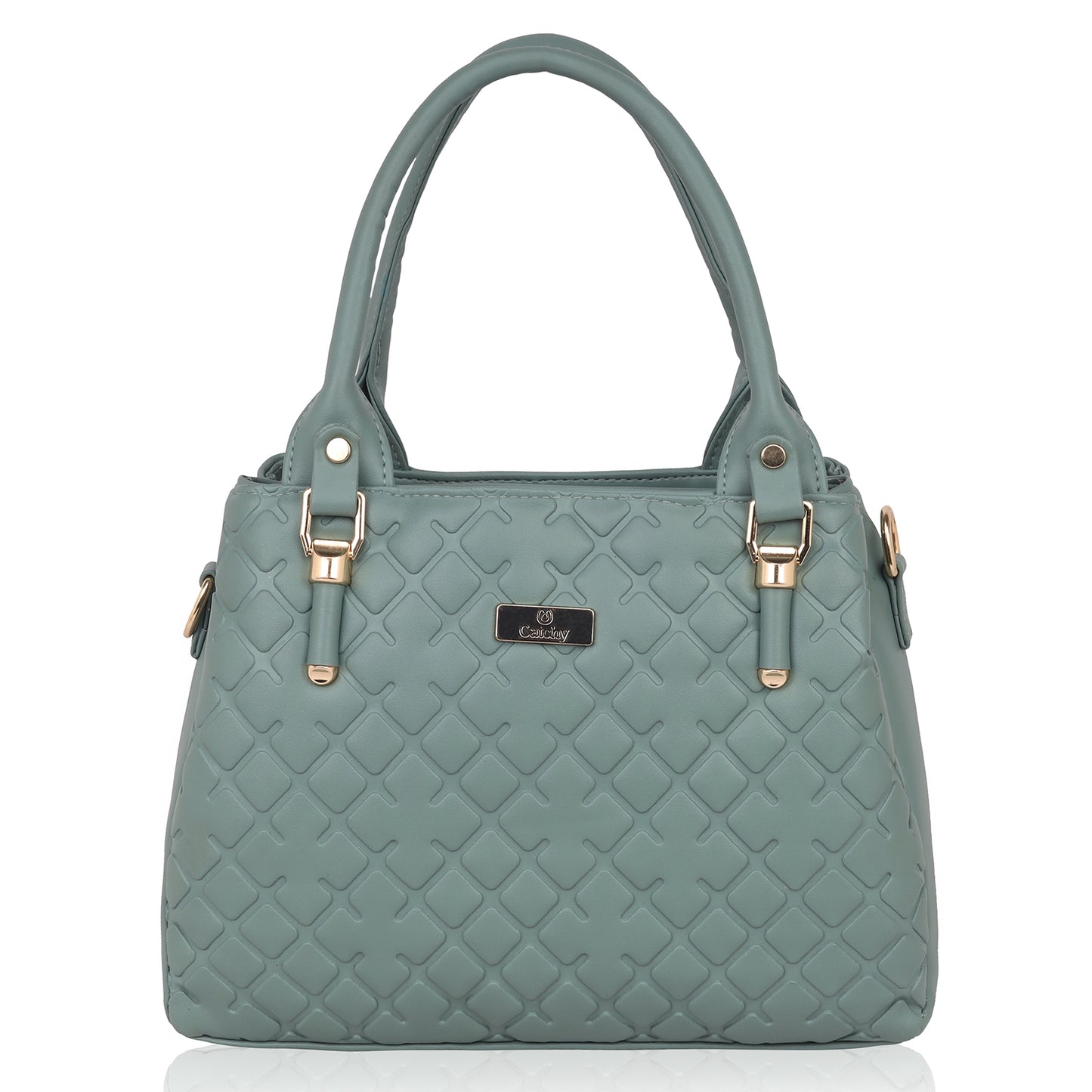 Side view of catchy women hand bag in beige leather.