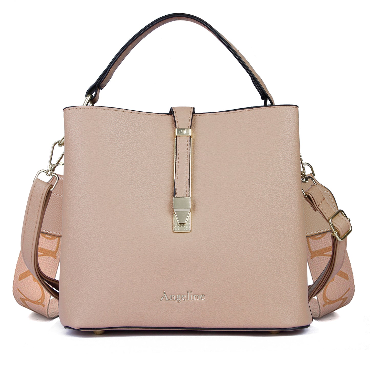 Beige Angeline tote bag with pockets, detachable strap, and gold-toned clasp hardware. Perfect for stylish, functional everyday use.