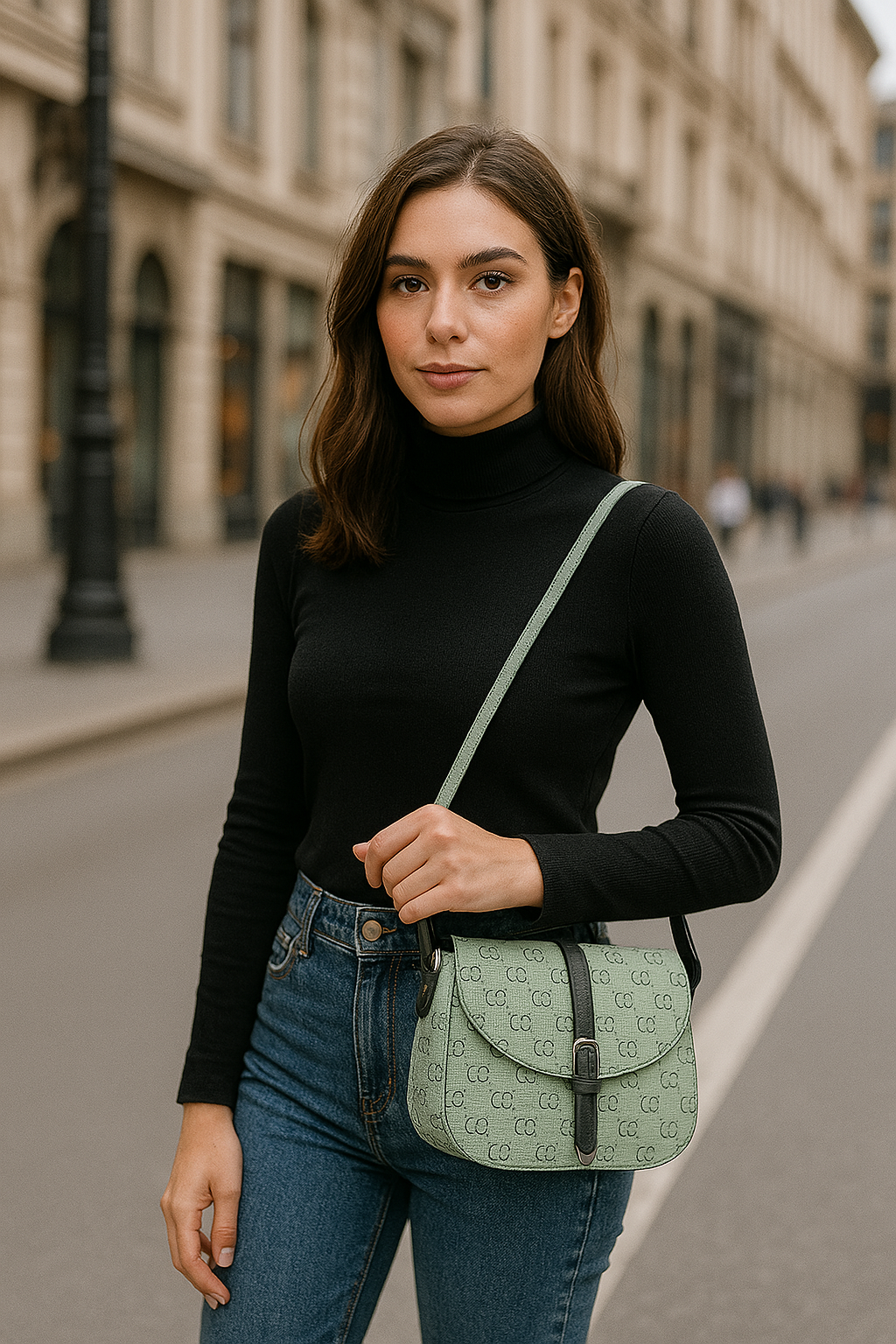Black printed crossbody bag, offering women style and function for all seasons.