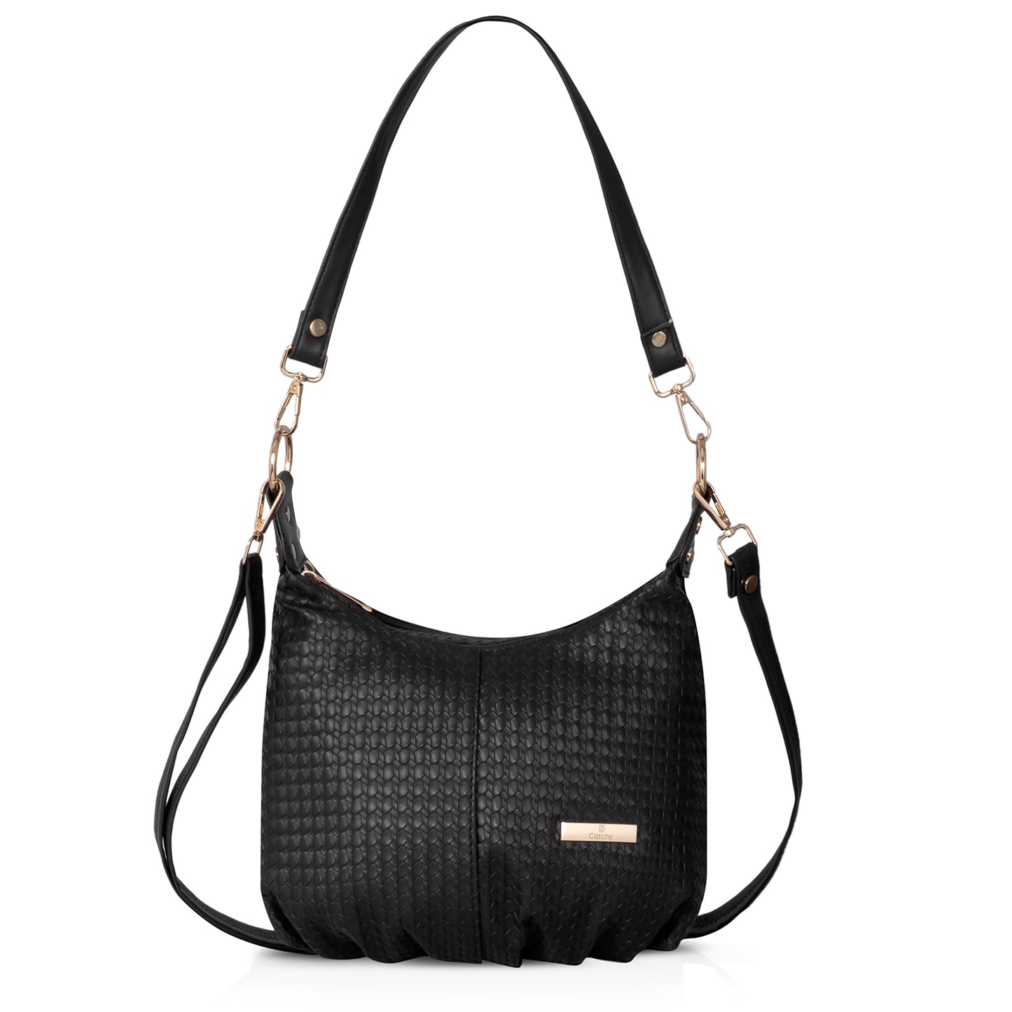 Chic black textured shoulder bag with gold chain on white background.