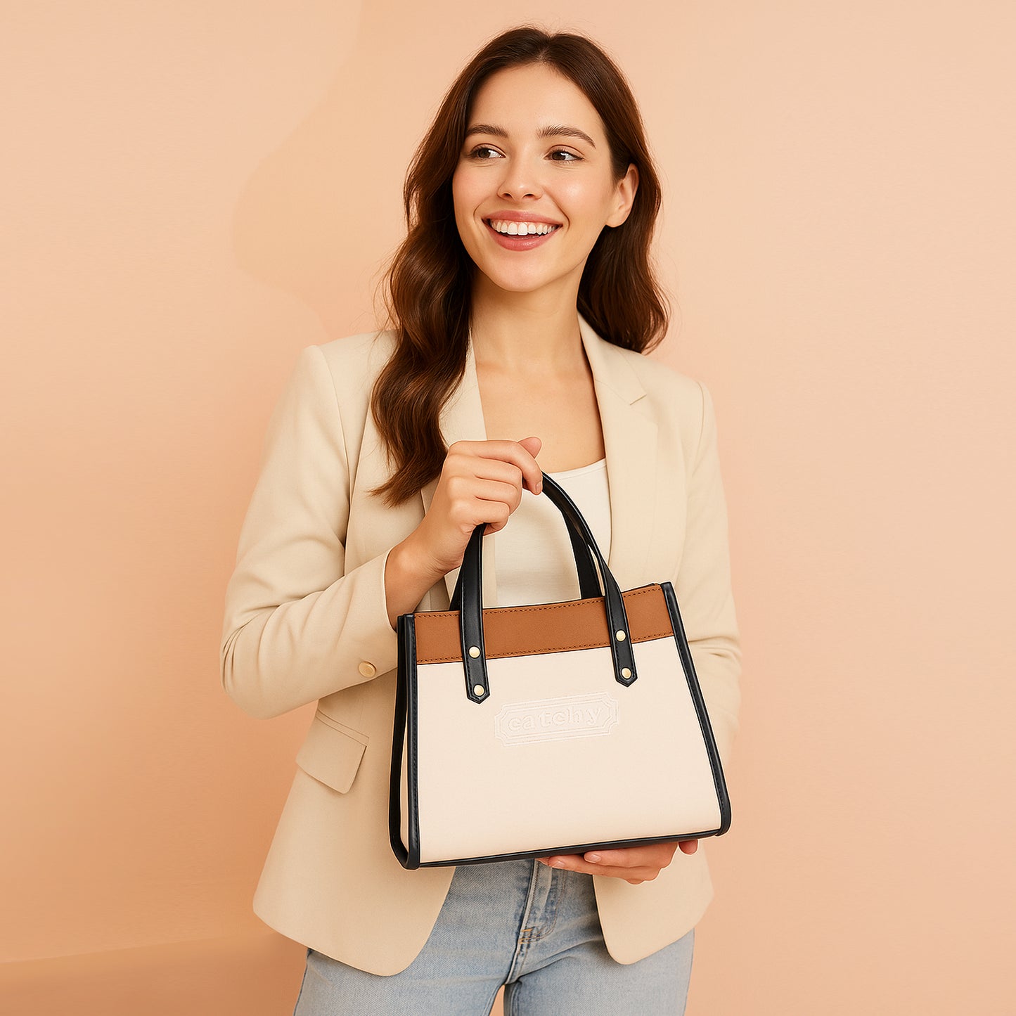 Women's White Structured Handbag with Tan Accents - Medium Size Hand Bag for Work Office & Daily Use