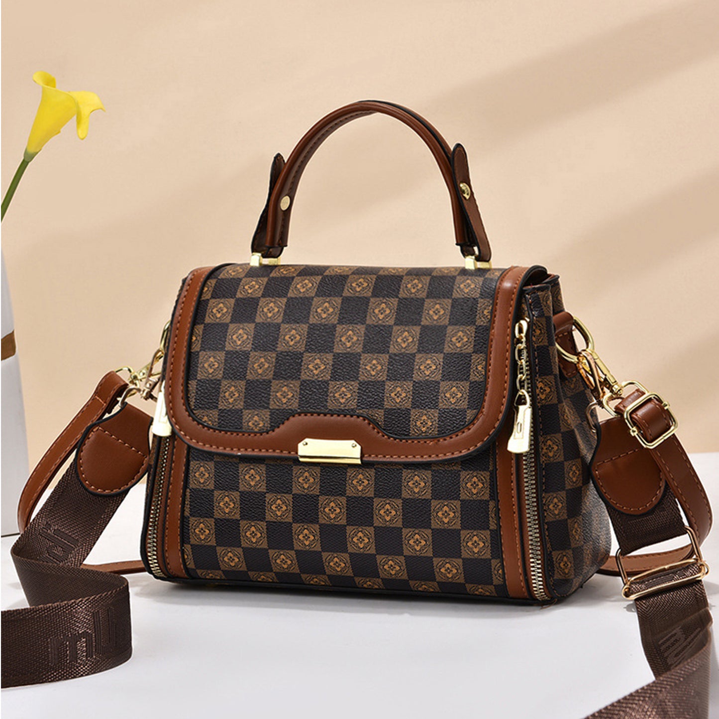 Tan Brown PU Leather Structured Sling Bag with Stylish Top Handle and Adjustable Shoulder Strap – Comfortable, Checkered Design for Everyday Use