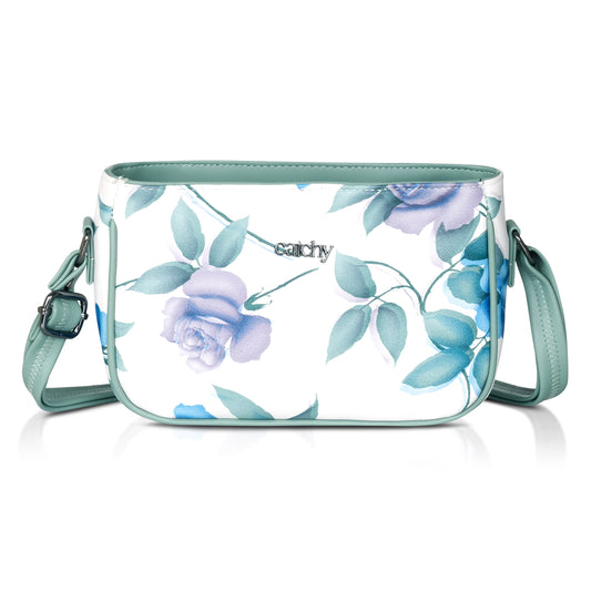 Vibrant green floral sling bag with adjustable strap for stylish daily wear.