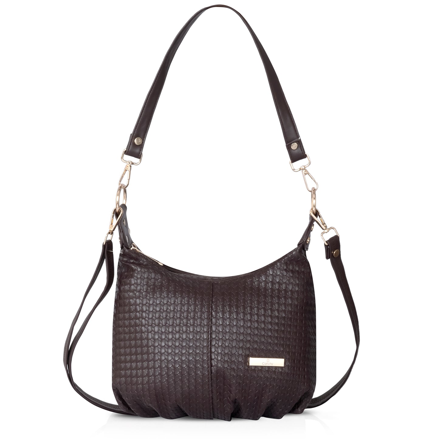 Black quilted shoulder bag with gold accents for timeless appeal.