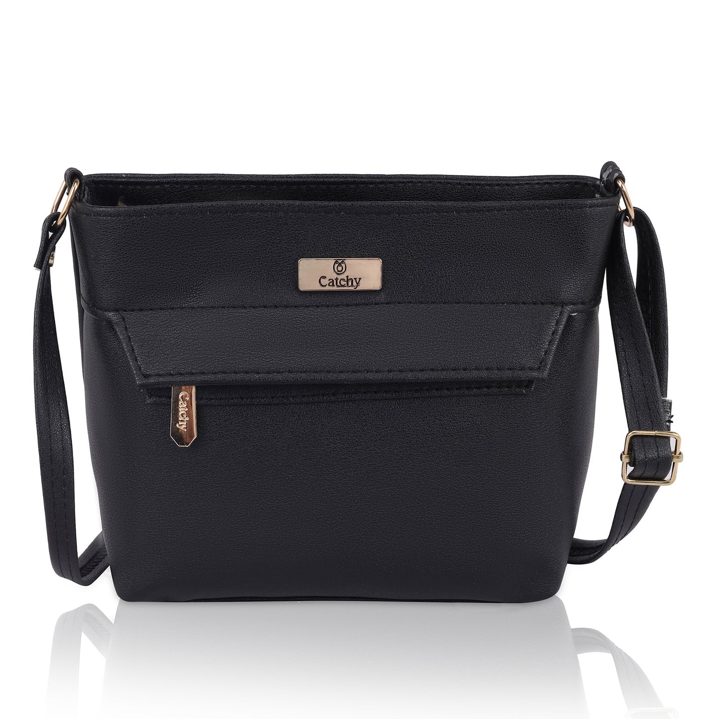 Blue sling bag on model for evening chic look.