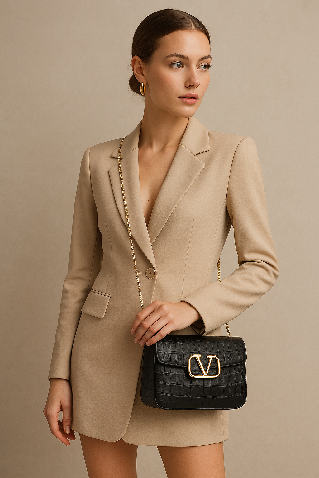 Black croc-embossed handbag paired with a tailored blazer, showcasing its professional yet trendy vibe.
