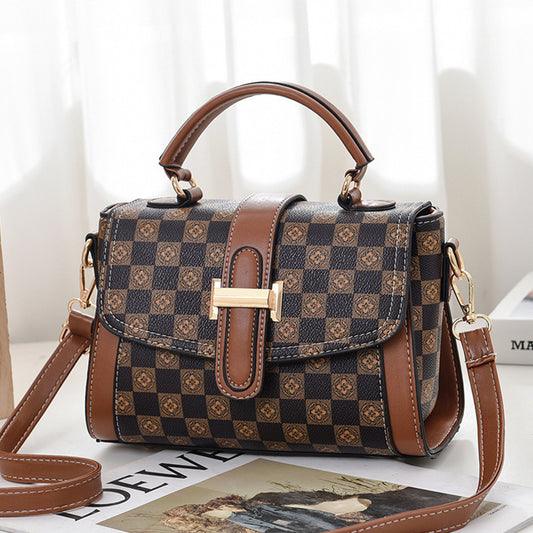 Structured tan and coffee brown checkered sling bag with gold hardware, by Angeline Brown – stylish and functional everyday essential.