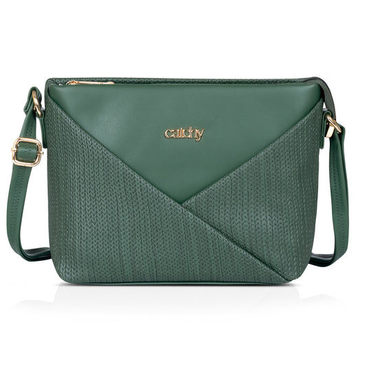 Interior of compact emerald green crossbody bag, showcasing zippered pocket and soft cotton lining.