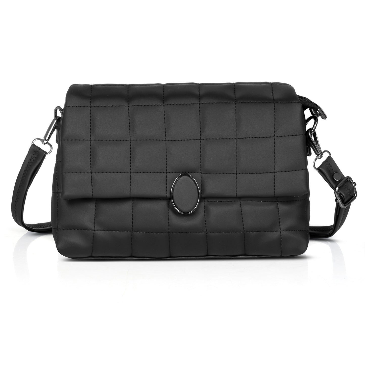 Black quilted crossbody bag with gold chain strap, perfect for elegant women’s outfits.