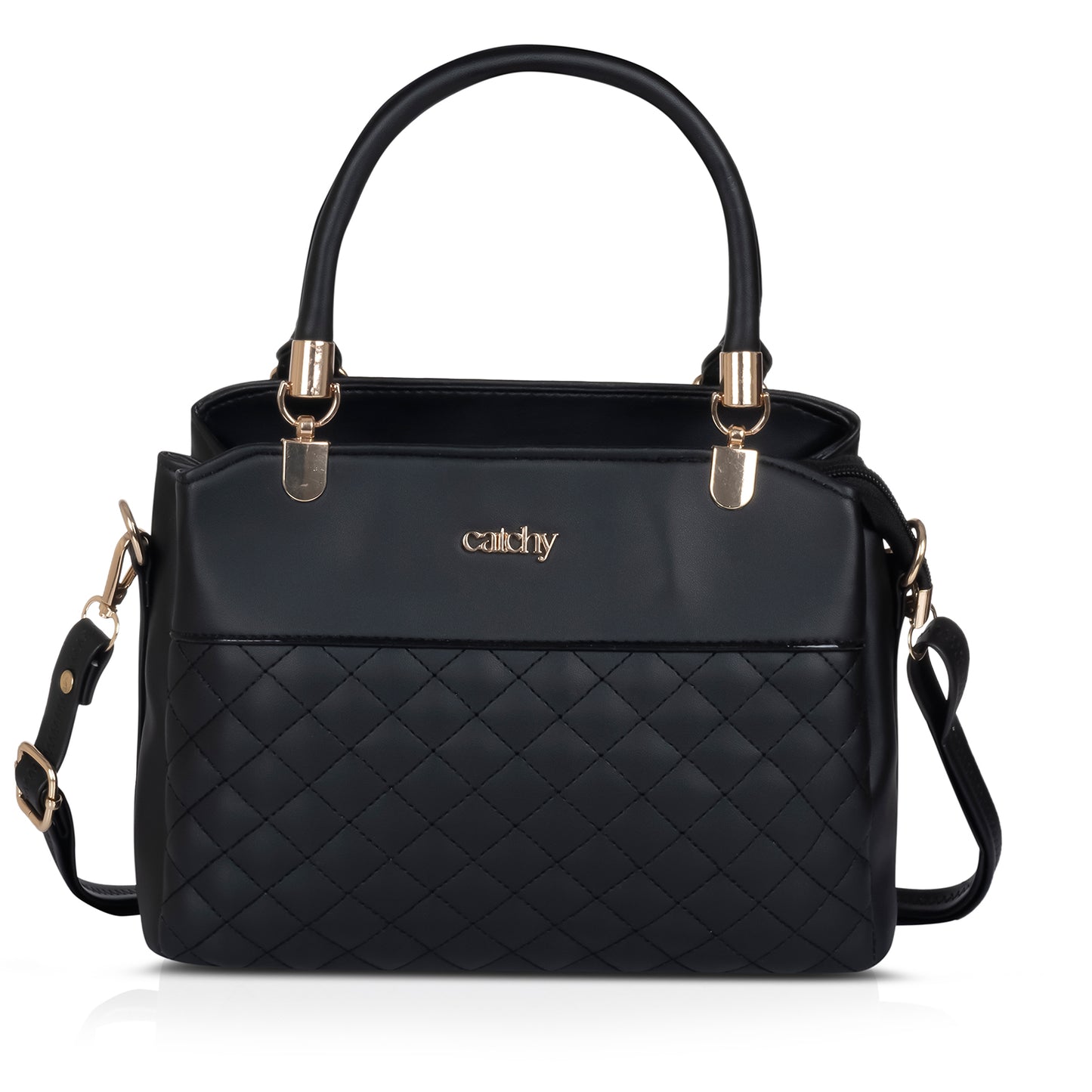 Elegant Black Quilted Handbag in PU leather with gold chain strap on white background.