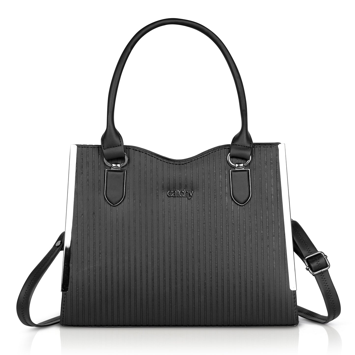 Elegant black designer handbag with silver accents, a lightweight and stylish black handbag alternative for everyday use.