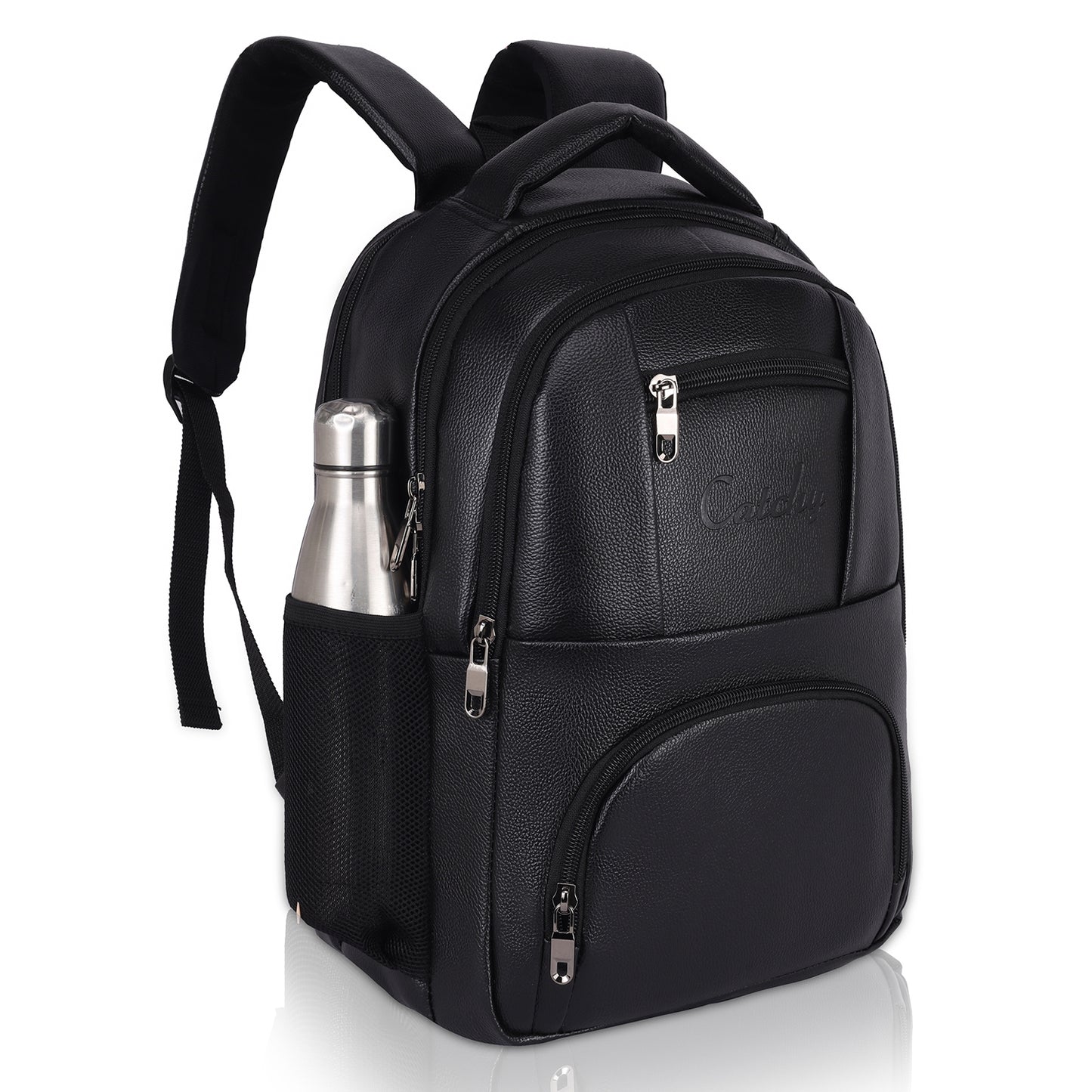 Side view of black laptop backpack with straps.