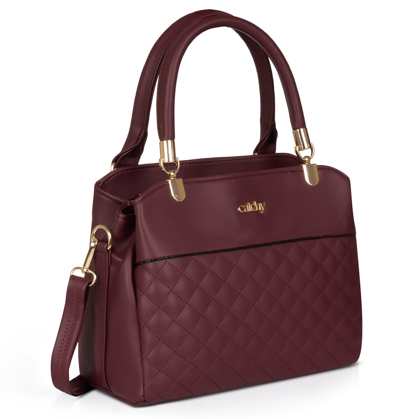 Interior of black quilted handbag with spacious compartment.