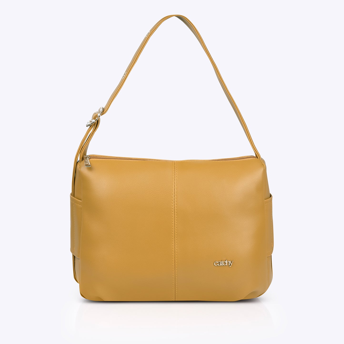 Premium catchy yellow leather handbag with silver zipper, long shoulder strap, and spacious design—perfect as a medium-sized sling bag for everyday elegance.