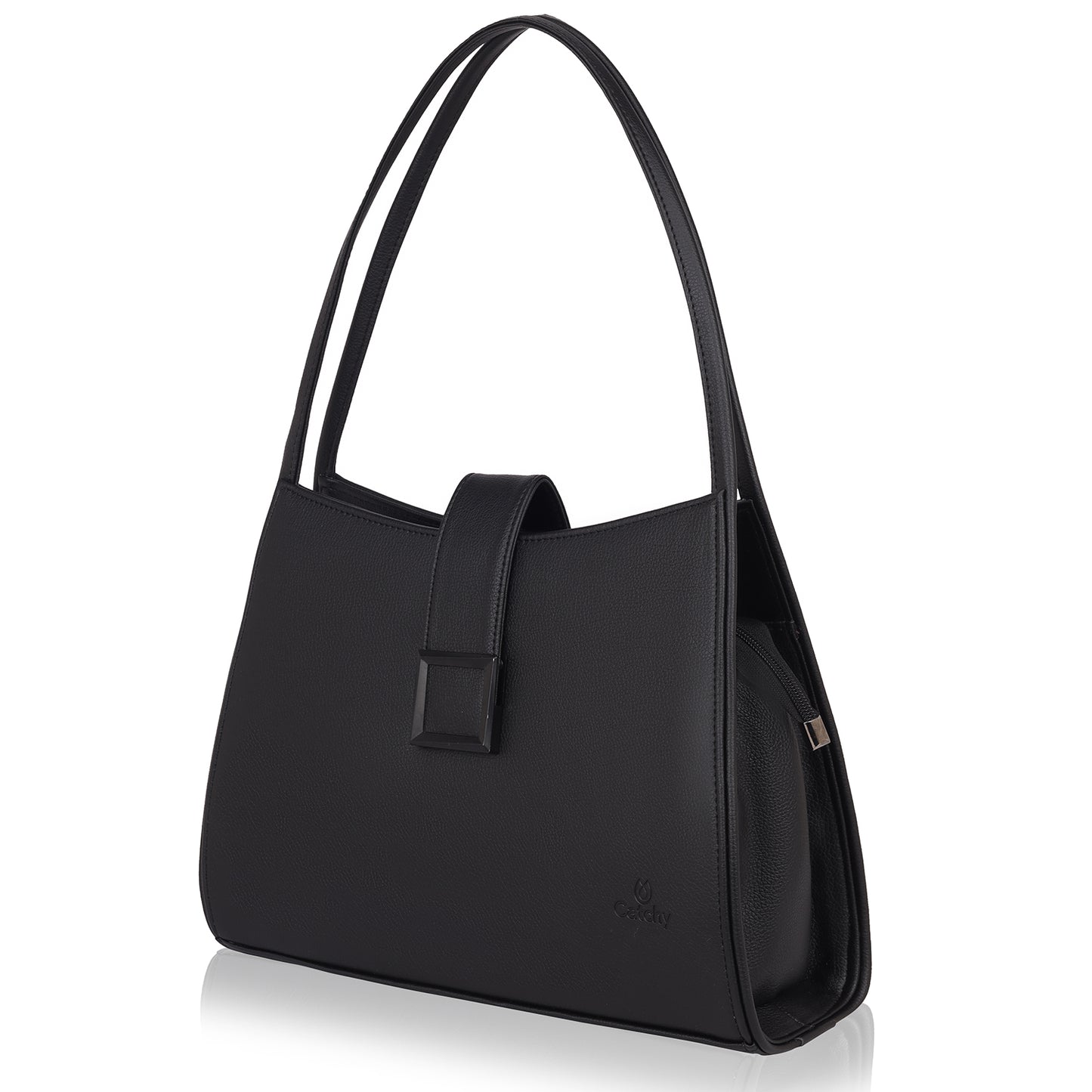 Black Designer Women Handbag with short and long handles for versatility.