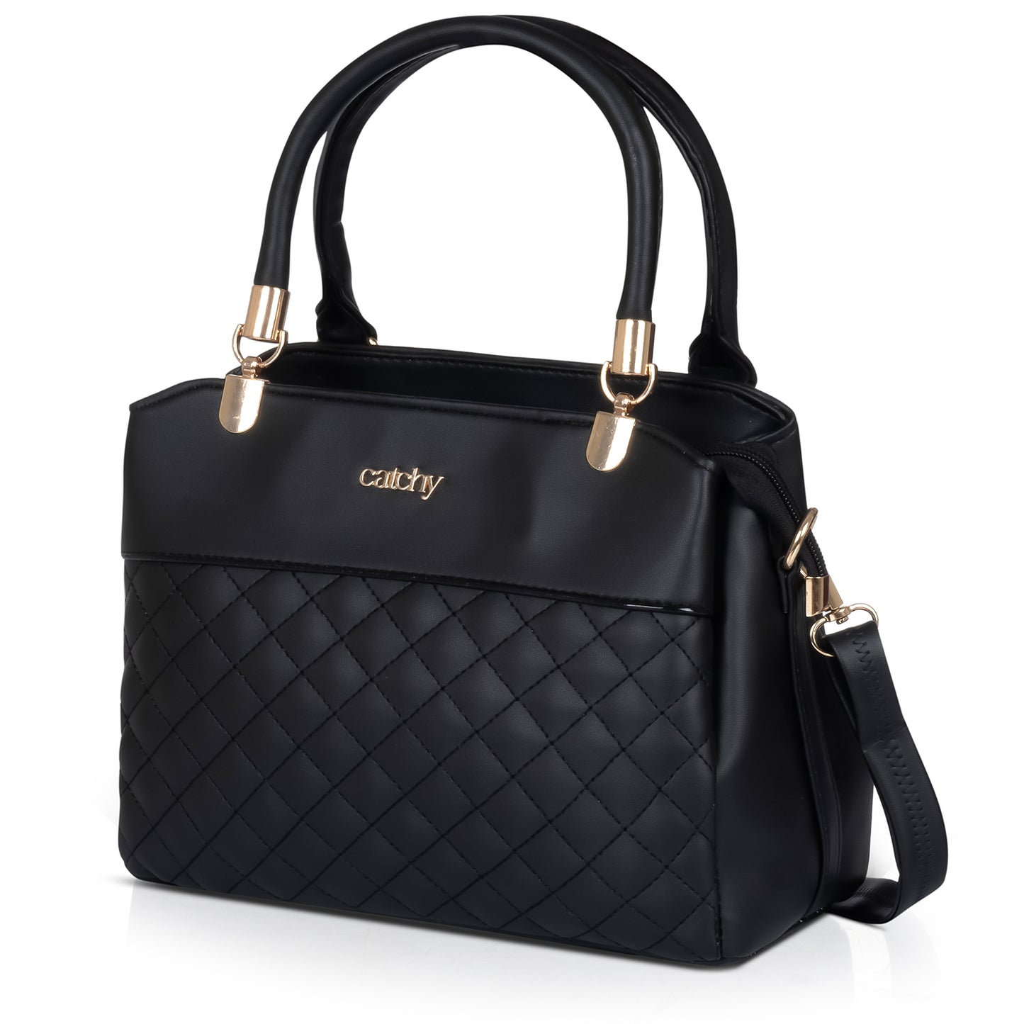 Side view of black quilted handbag with adjustable strap and PU leather texture.