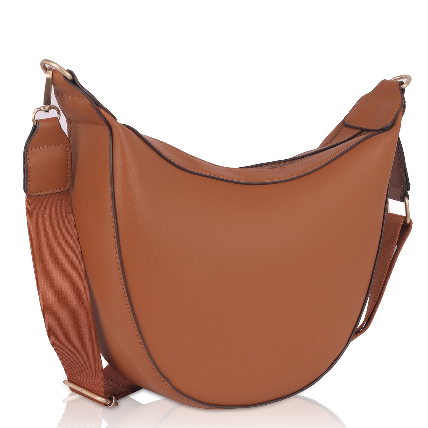 Close-up of tan color sling bag with gold zipper chain
