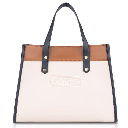 Women's White Structured Handbag with Tan Accents - Medium Size Hand Bag for Work Office & Daily Use