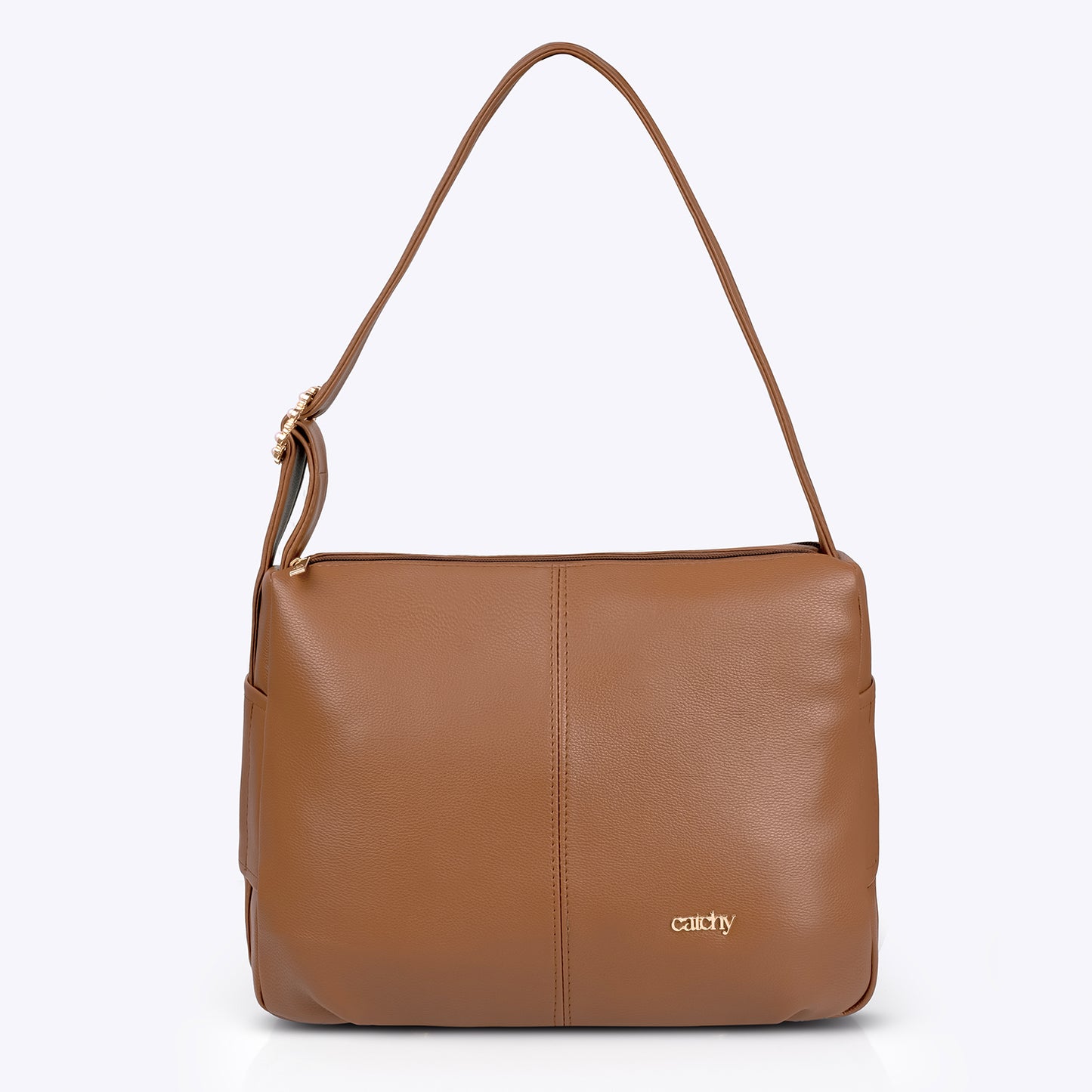 Premium tan leather shoulder bag – spacious, medium-sized handbag by Catchy