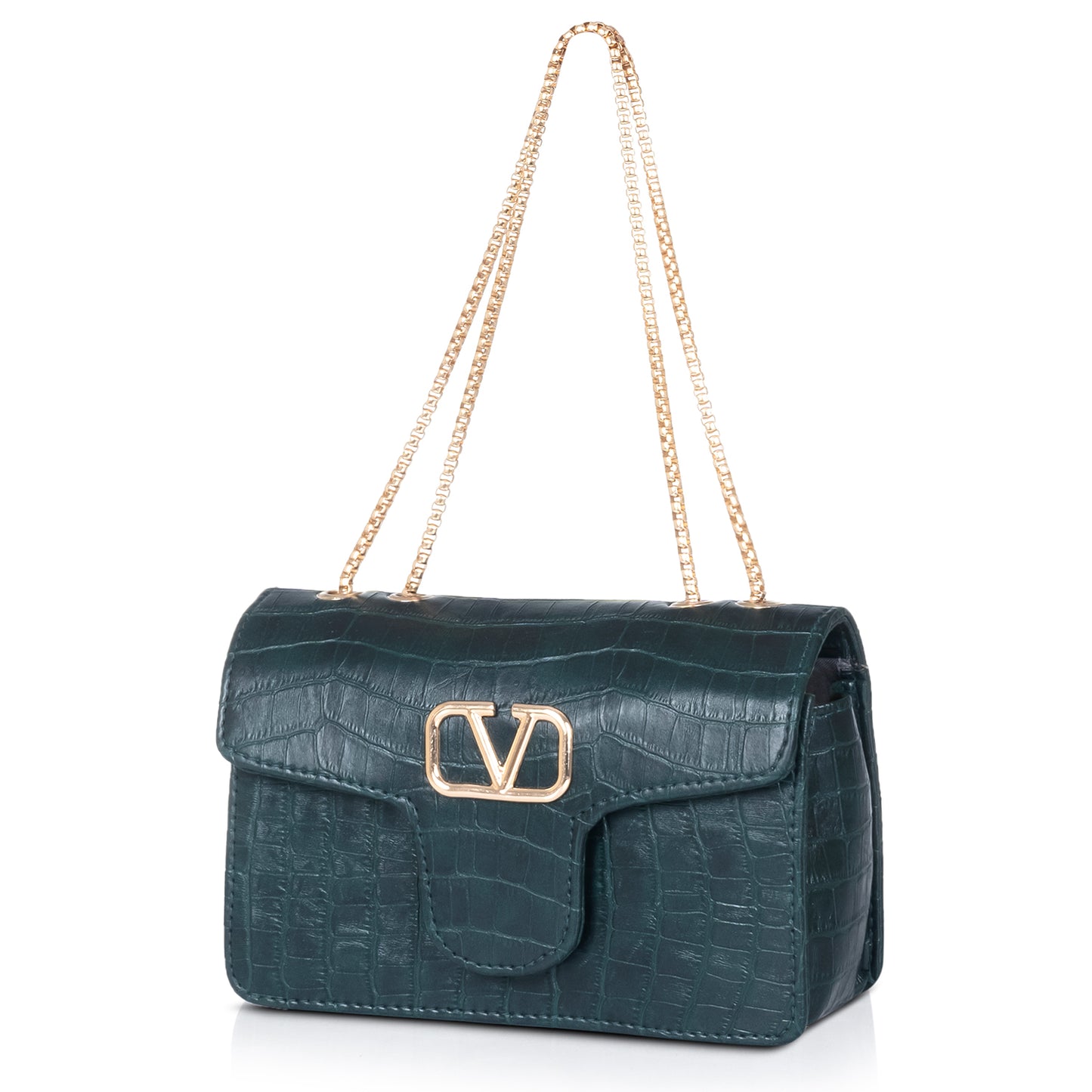Detailed view of the black croc-textured purse’s gold clasp, emphasizing its high-quality craftsmanship.