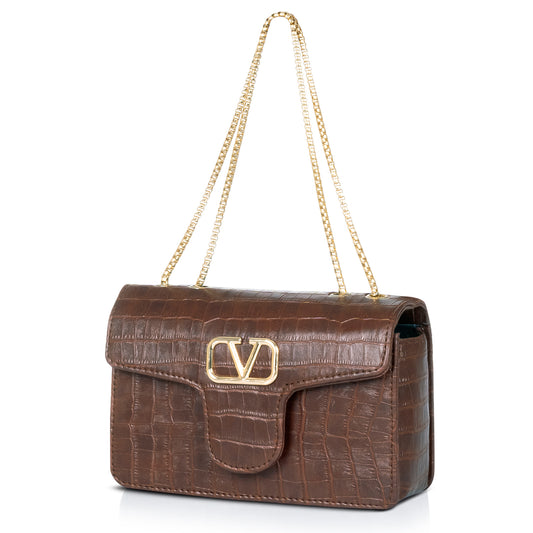 Black croc-textured handbag with a smooth leather handle, designed for comfortable top-handle carrying.