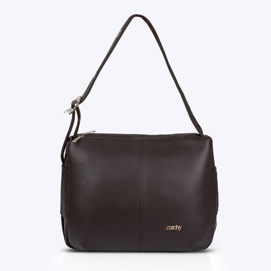 Premium brown color leather shoulder bag by Clutchy with zipper closure, a spacious medium-sized handbag for everyday elegance