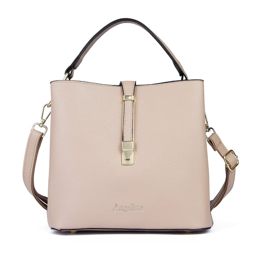 Beige tote bag with pockets and a gold metal clasp accent, featuring a detachable shoulder strap for versatile, stylish use.
