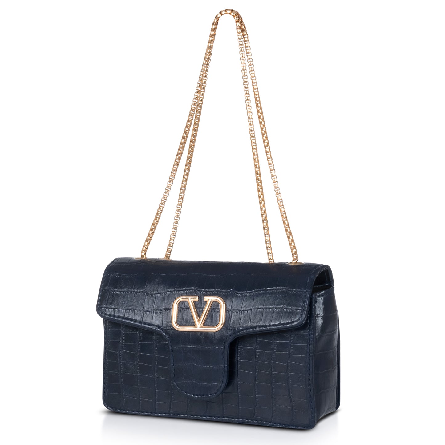 Black crocodile-embossed handbag on a velvet cushion, emphasizing its premium and luxurious feel.