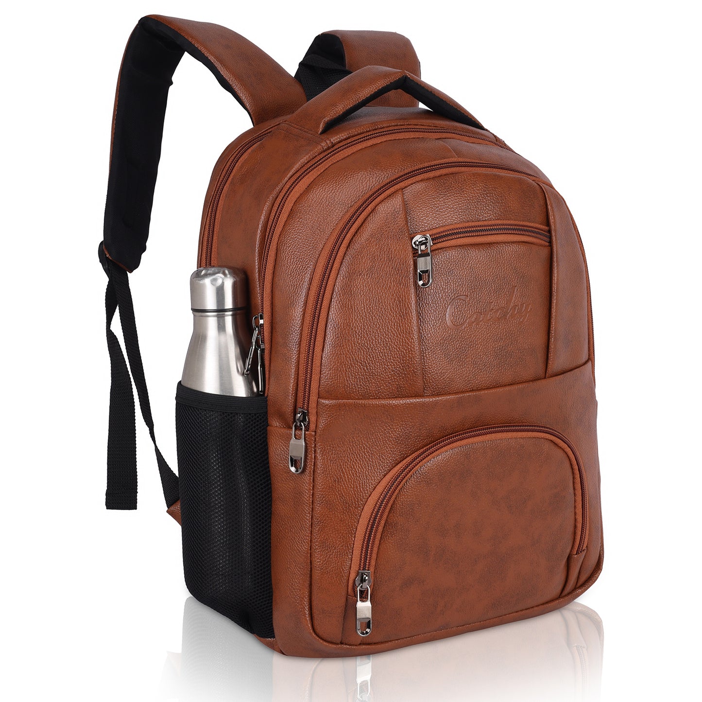 Black backpack for laptop with zipper pocket.