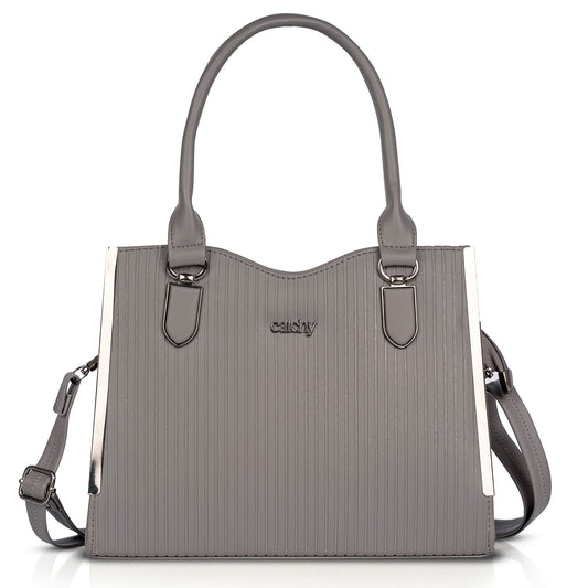 Elegant grey designer handbag with silver hardware, featuring a structured design and 'catchy' branding—lightweight, stylish, and perfect for everyday use.