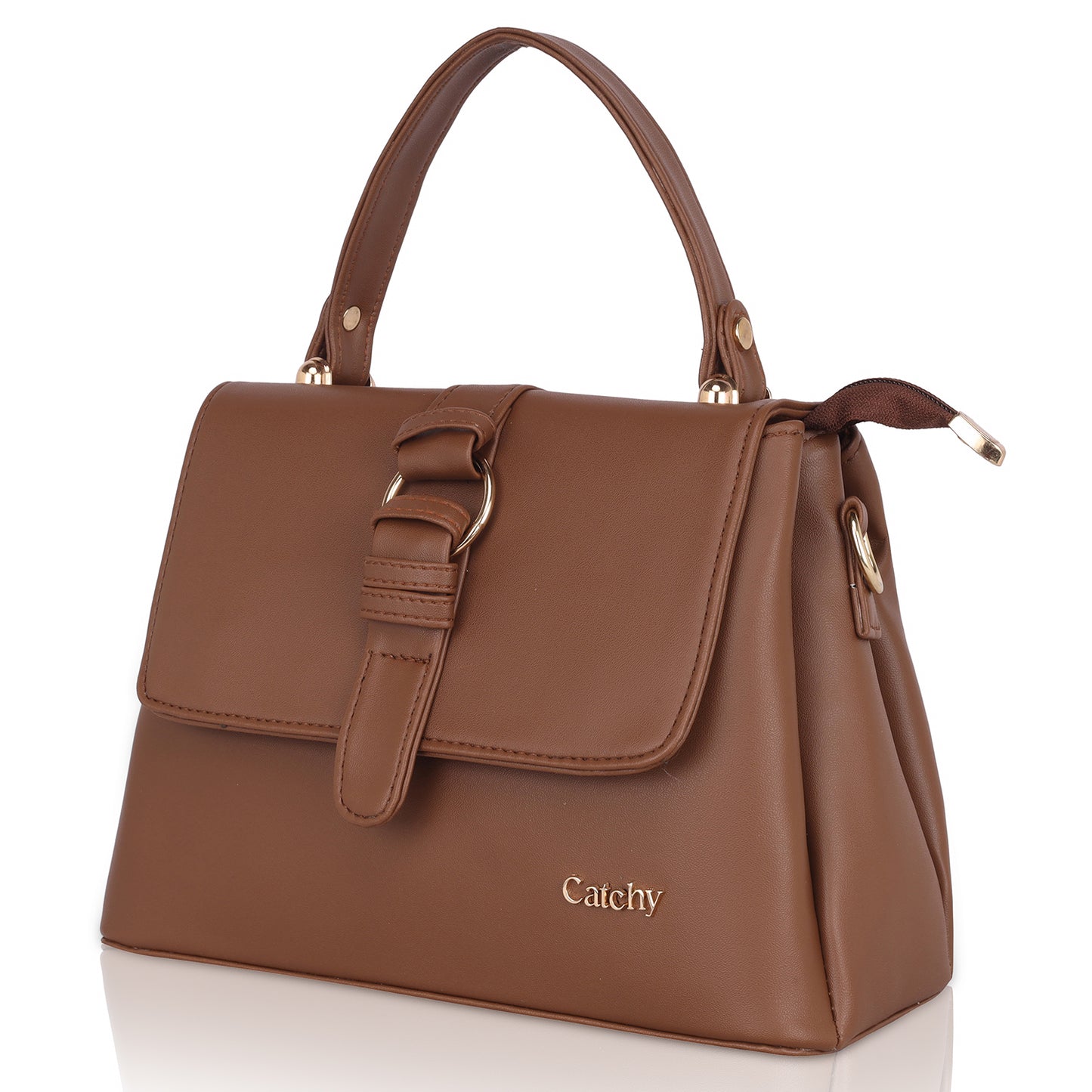 Women shoulder sling bag with leather strap.