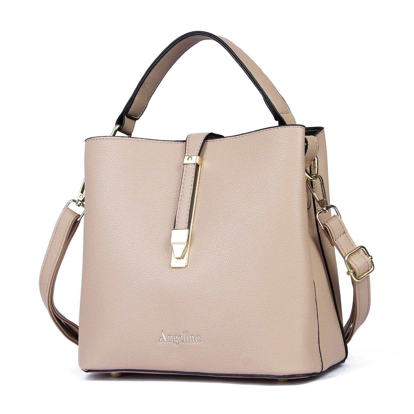 Beige Angeline tote bag with pockets, detachable strap, and gold clasp hardware – stylish and functional design