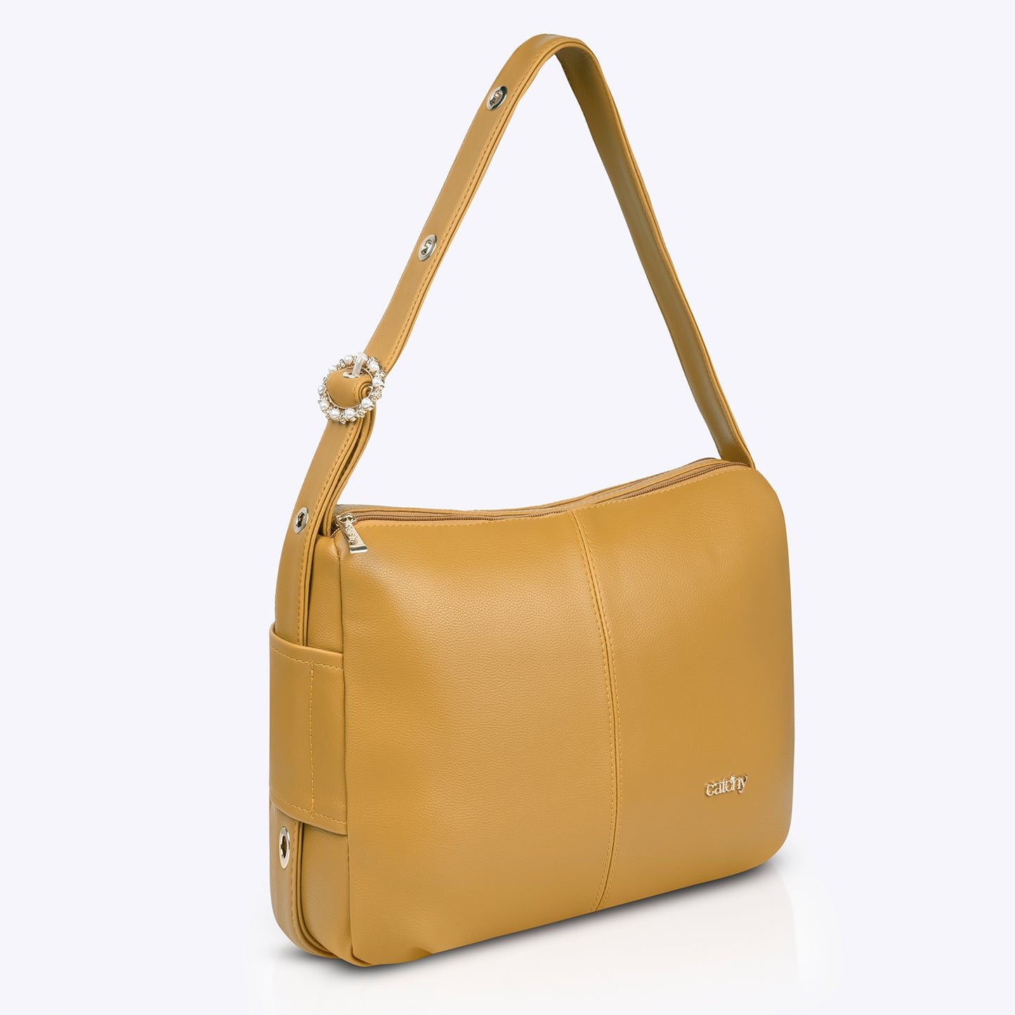Premium mustard yellow hand bag with silver-toned hardware, pearl-studded strap, and spacious design—perfect as a medium-sized handbag for everyday elegance.
