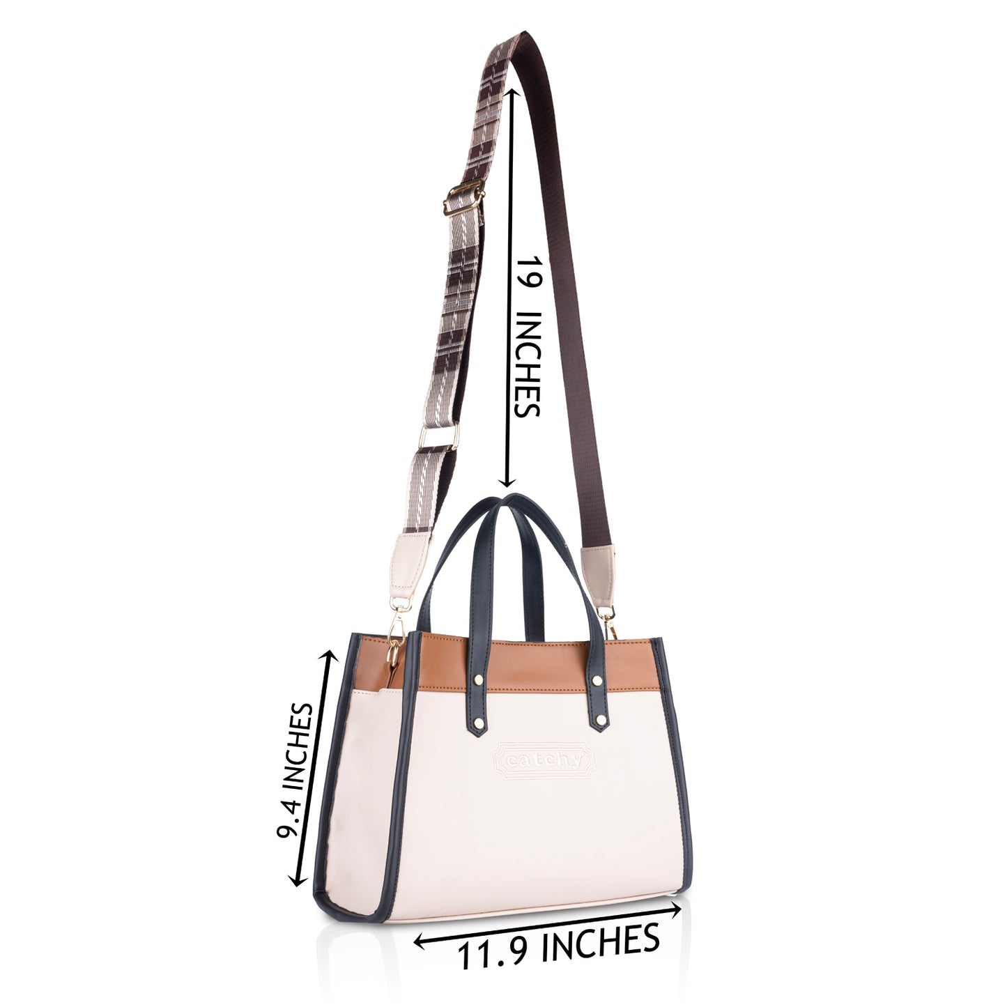 Women's White Structured Handbag with Tan Accents - Medium Size Hand Bag for Work Office & Daily Use