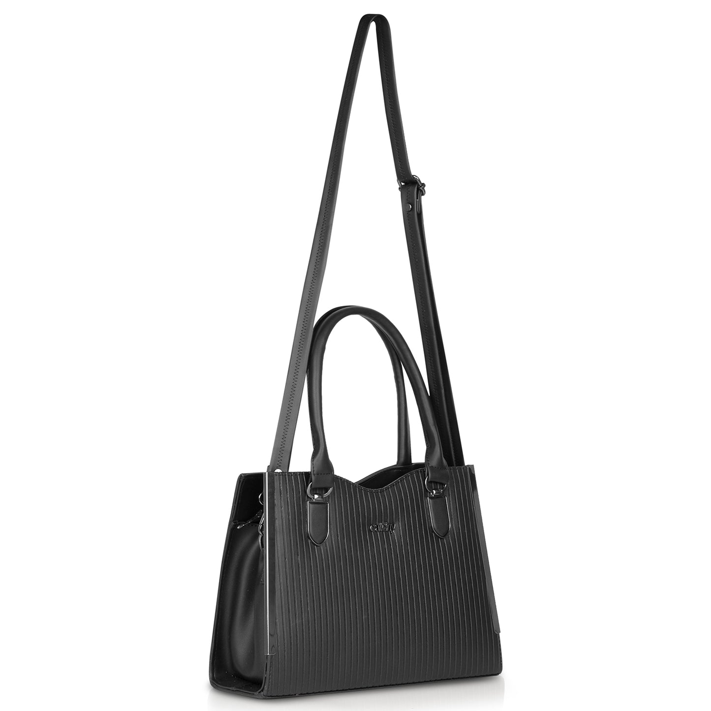 Black textured designer tote bag with top handles and detachable shoulder strap, perfect for everyday use.