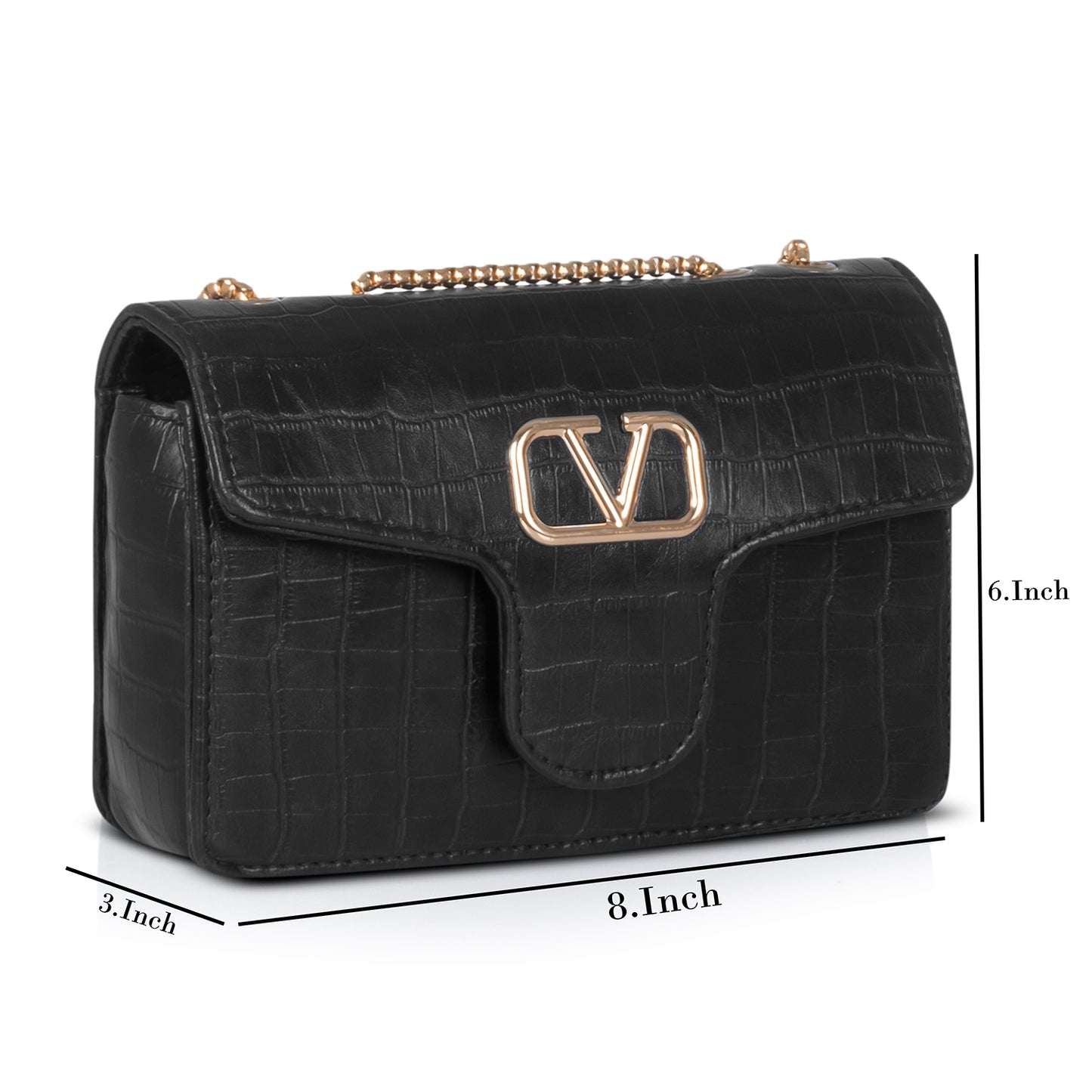 Front-facing black crocodile-textured purse with a glossy finish, exuding timeless elegance for evening wear.