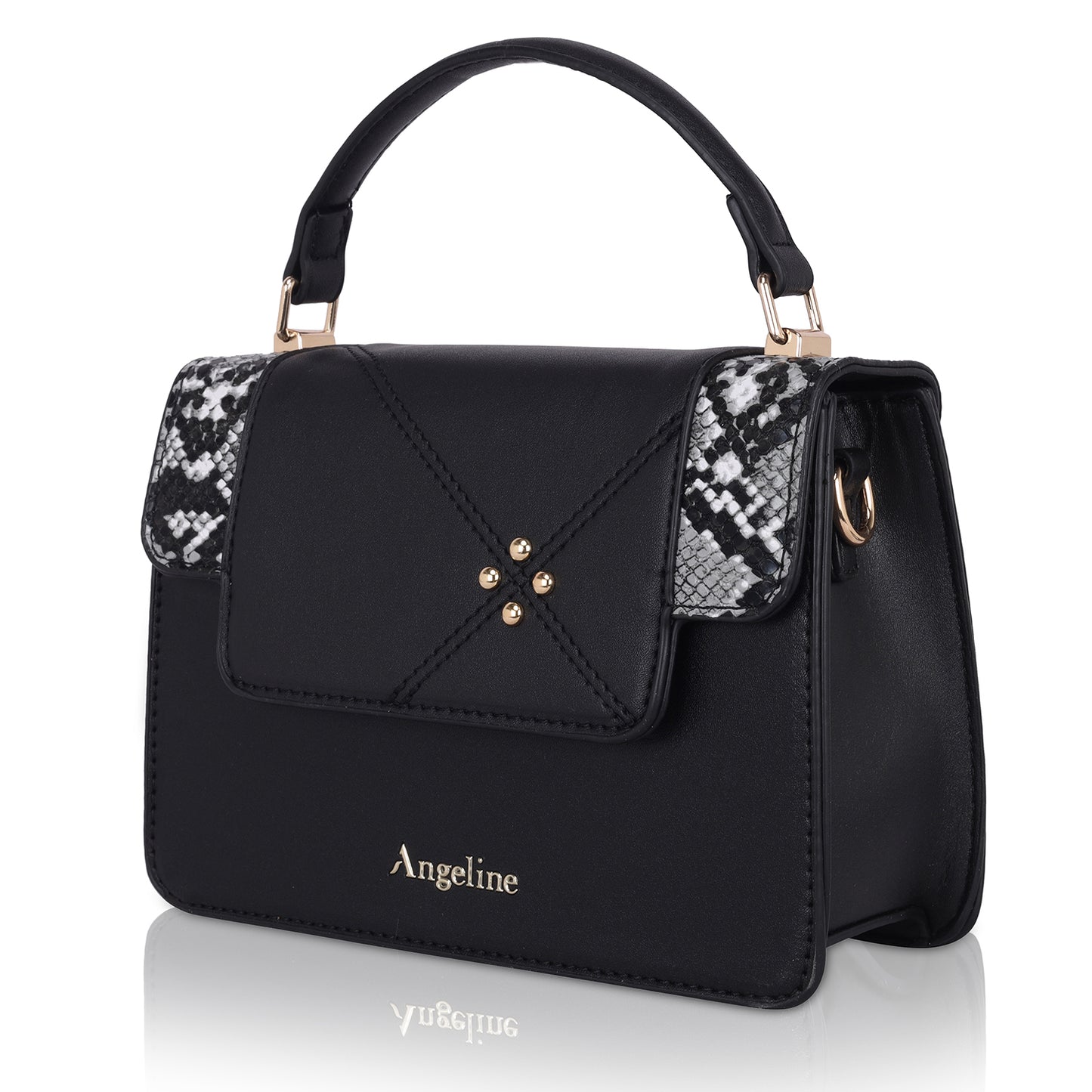 Angeline's Black Designer Sling Bag with Crocodile Pattern and Gold Hardware