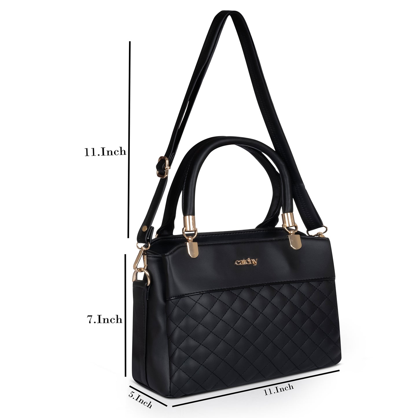 Black quilted handbag open, showing cotton lining and zippered pocket.