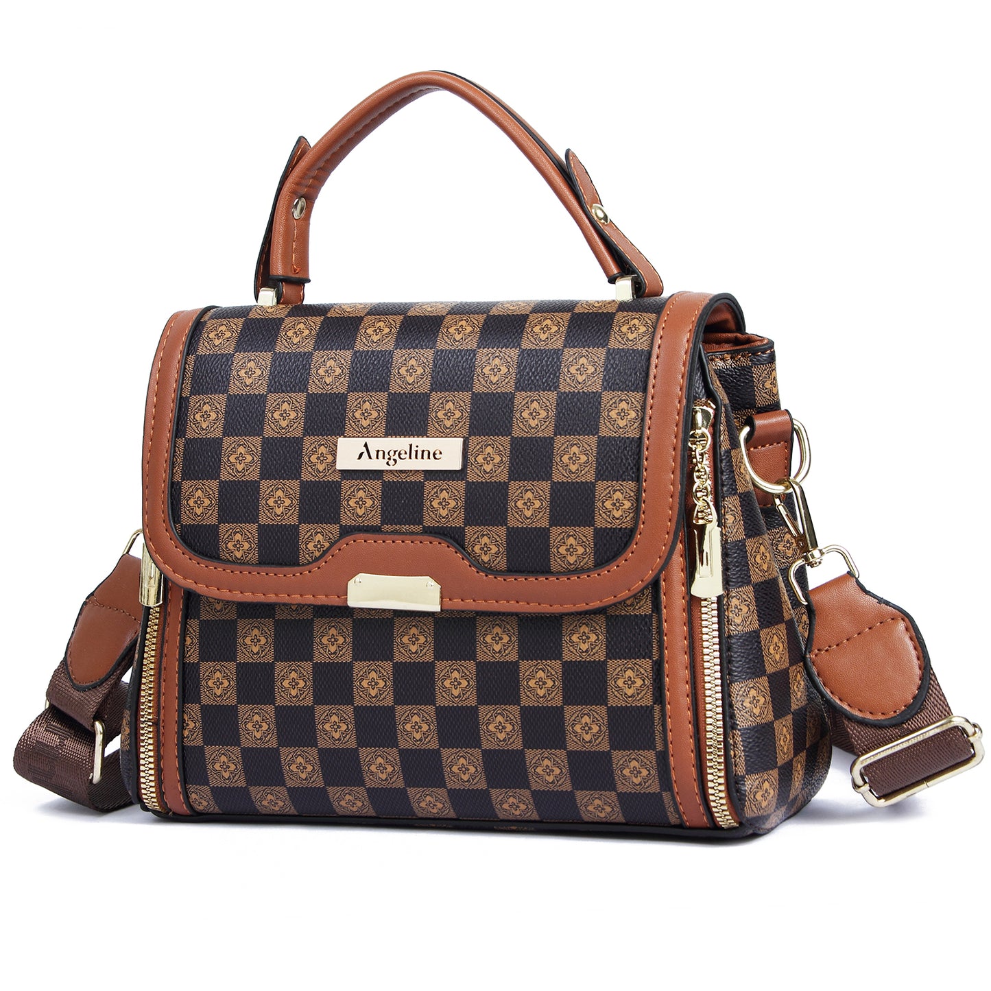 Tan brown structured PU leather sling bag with Angeline logo, stylish handle, and comfortable design—perfect for everyday use.
