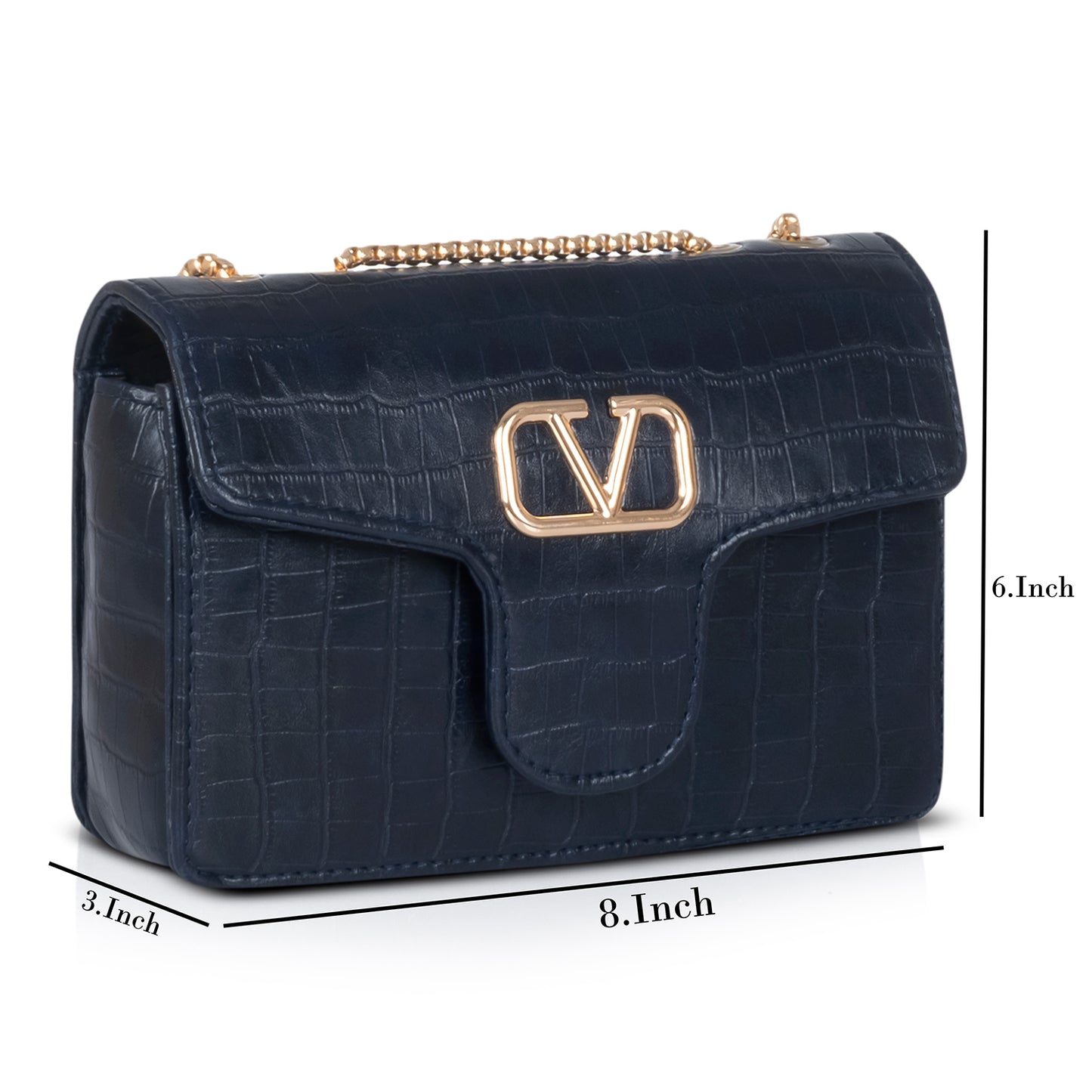 Black croc-textured handbag in a flat-lay composition with accessories, ideal for social media styling.