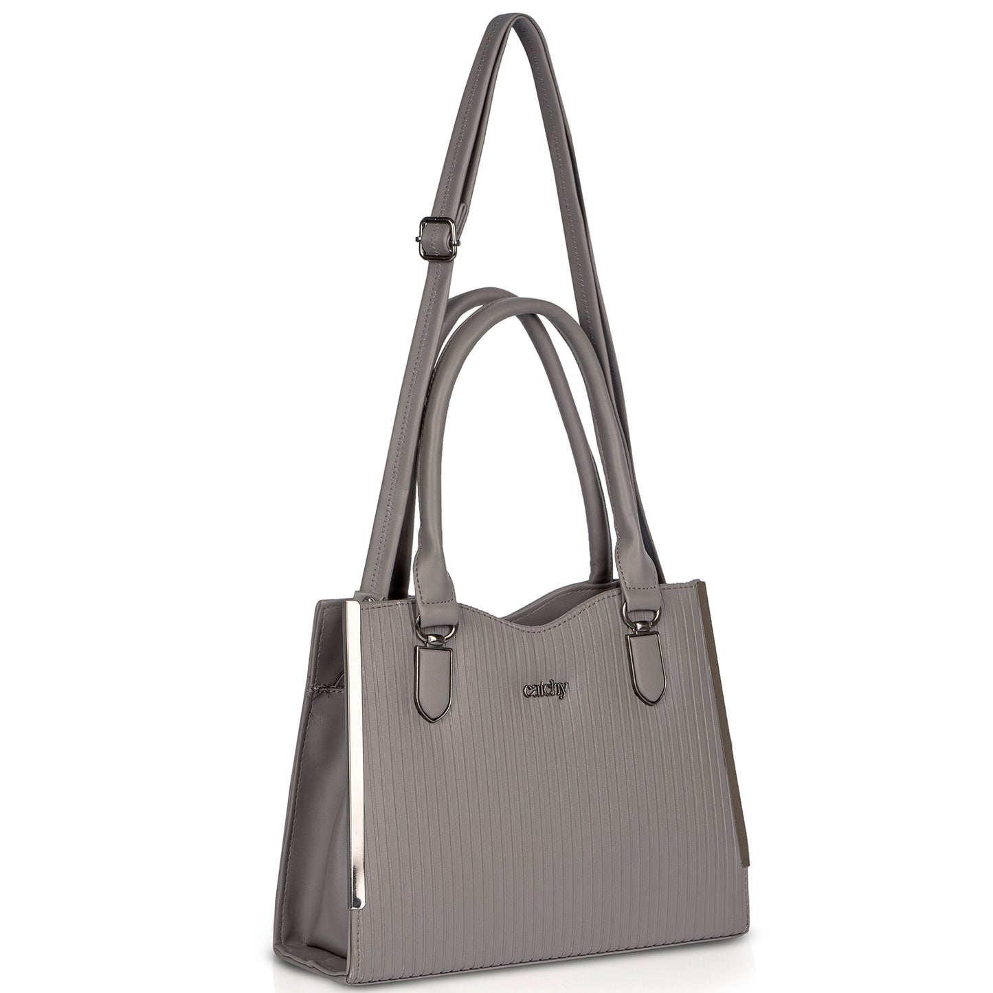 Elegant grey designer handbag with silver metal accents, double handles, and a lightweight, stylish design for everyday use.