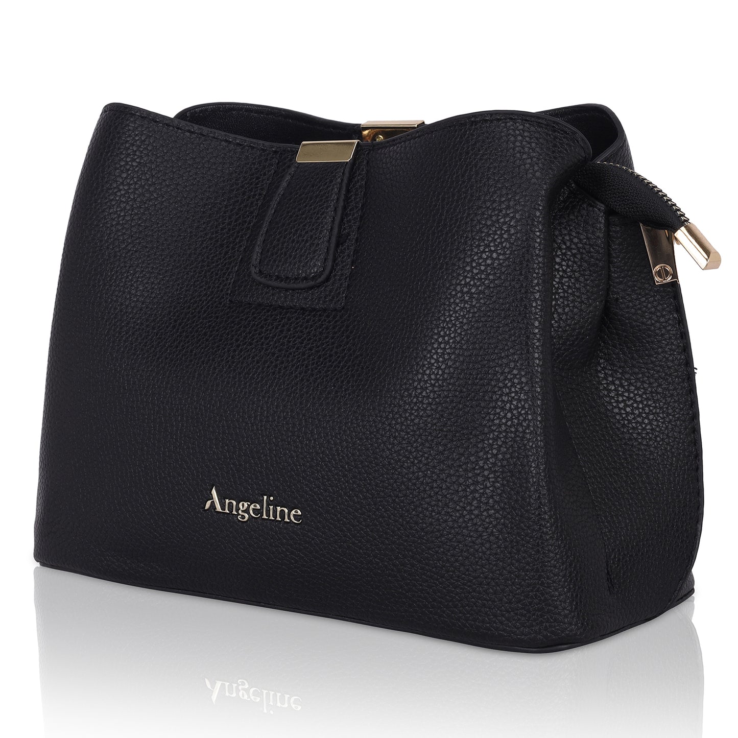 A black Angeline women's shoulder sling bag featuring gold-toned hardware and a detachable long handle strap, offering a stylish and functional design for ladies.