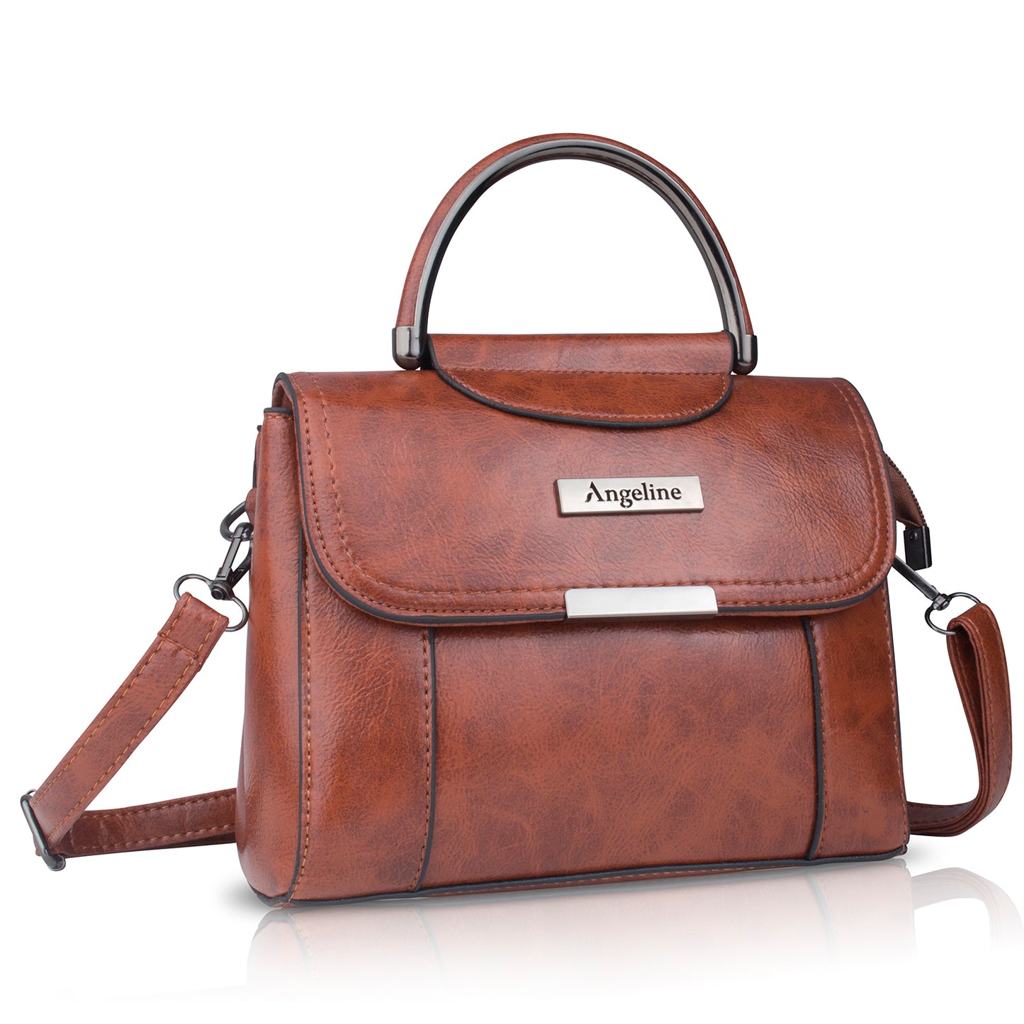 Small brown sling bags paired with casual jeans look.