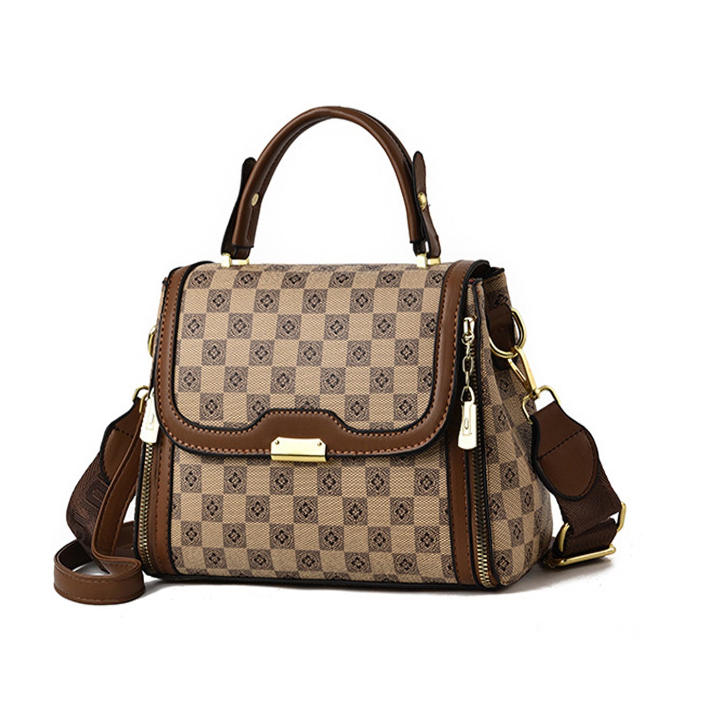 Tan brown structured PU leather sling bag with a stylish handle, gold hardware, and a detachable shoulder strap—perfect for a comfortable, everyday look.