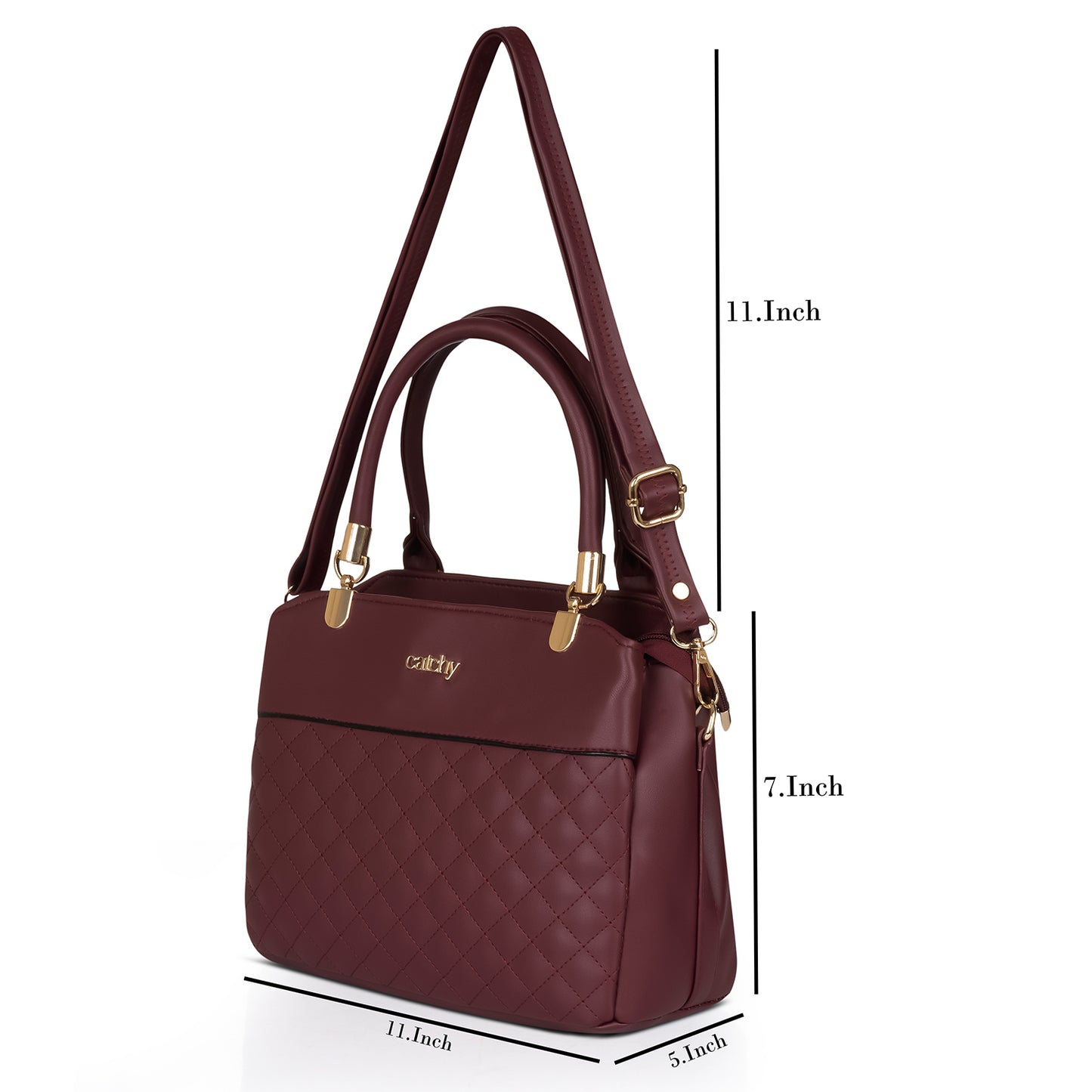 Top view of PU leather handbag with quilted design and gold hardware.