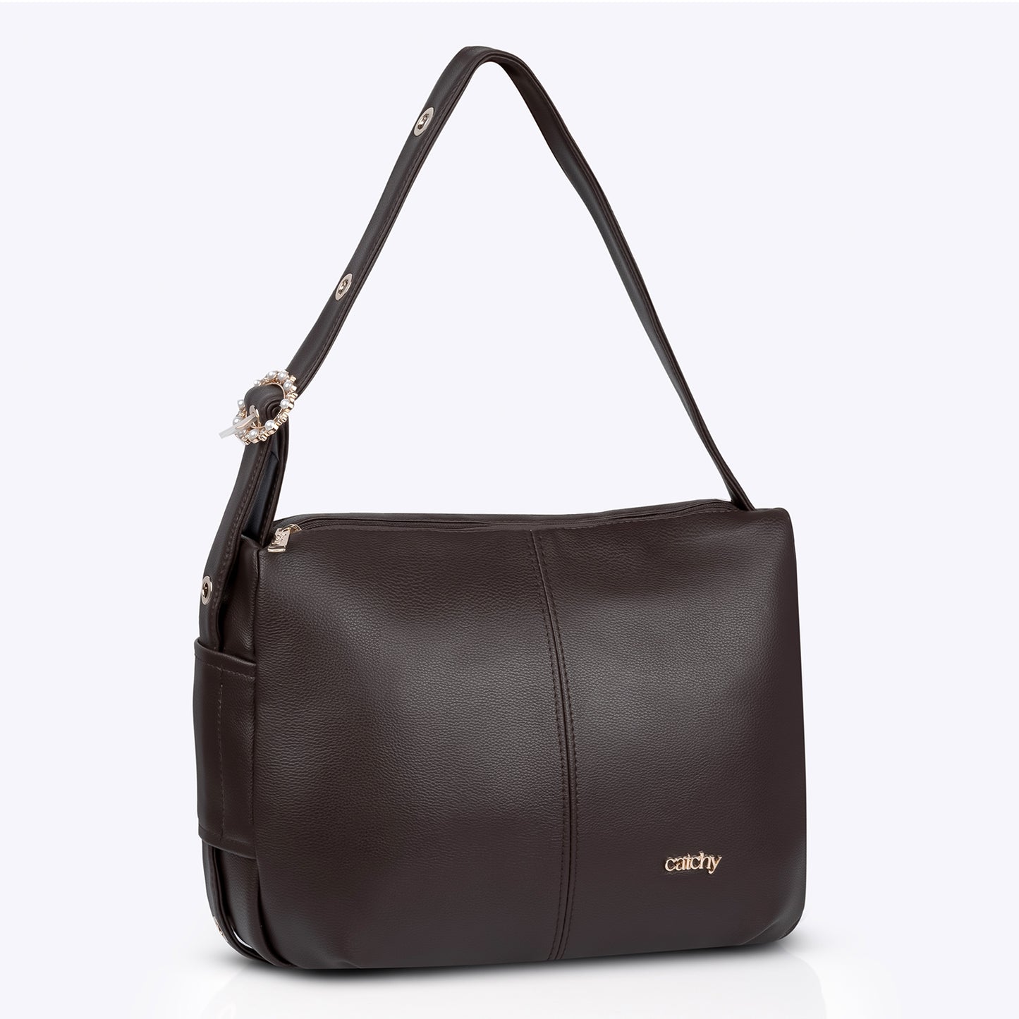 Premium brown color handbag with a gold buckle, medium-sized and spacious, perfect as a stylish sling bag or tan-colored shoulder bag.